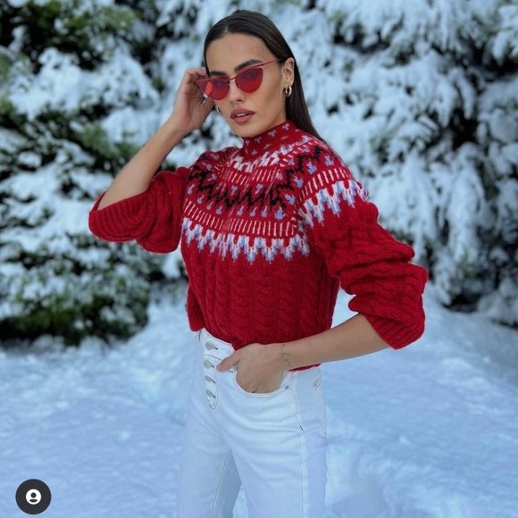 ZARA WOOL CABLE KNIT JACQUARD SWEATER RED - Picture 2 of 15